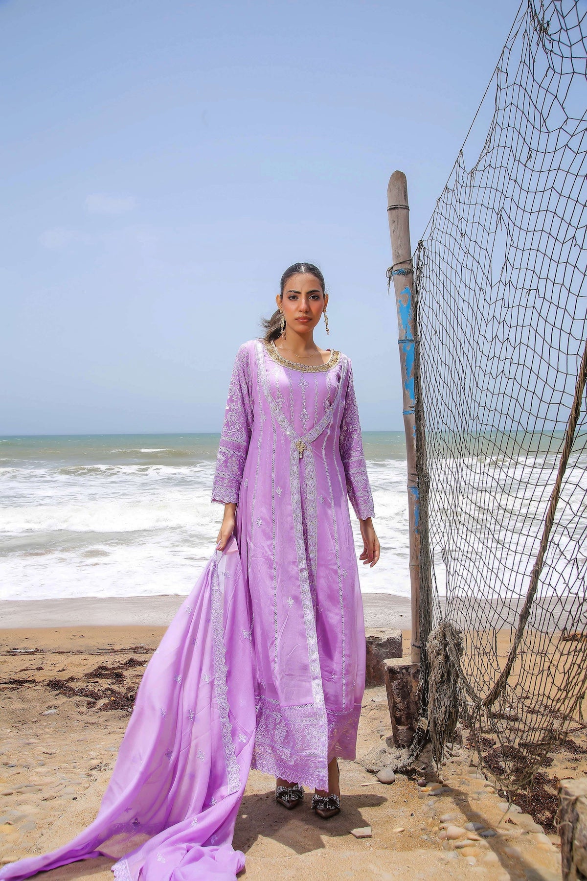 Lilac front-open embroidered gown full view