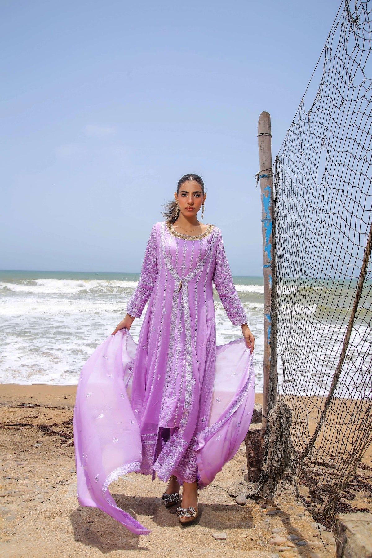 Model wearing lilac formal 4pc gown dress