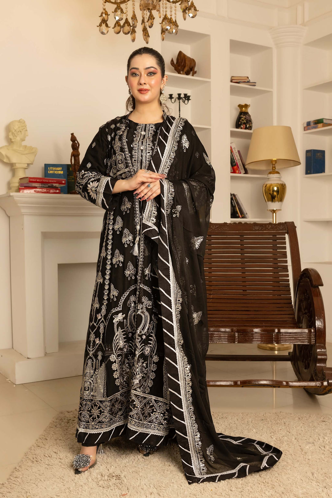 Front view of black chiffon Anarkali coat front open suit on model