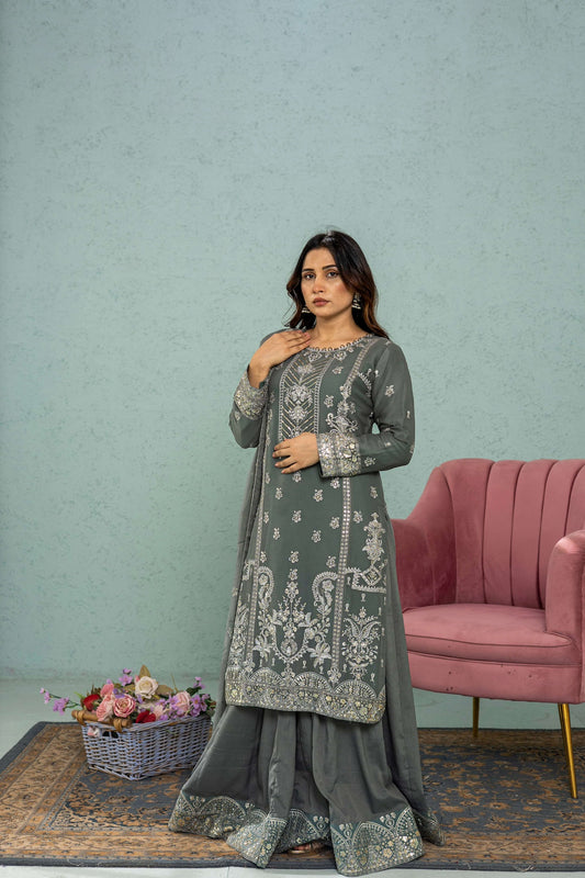 Grey embroidered lehnga 3-piece full front view