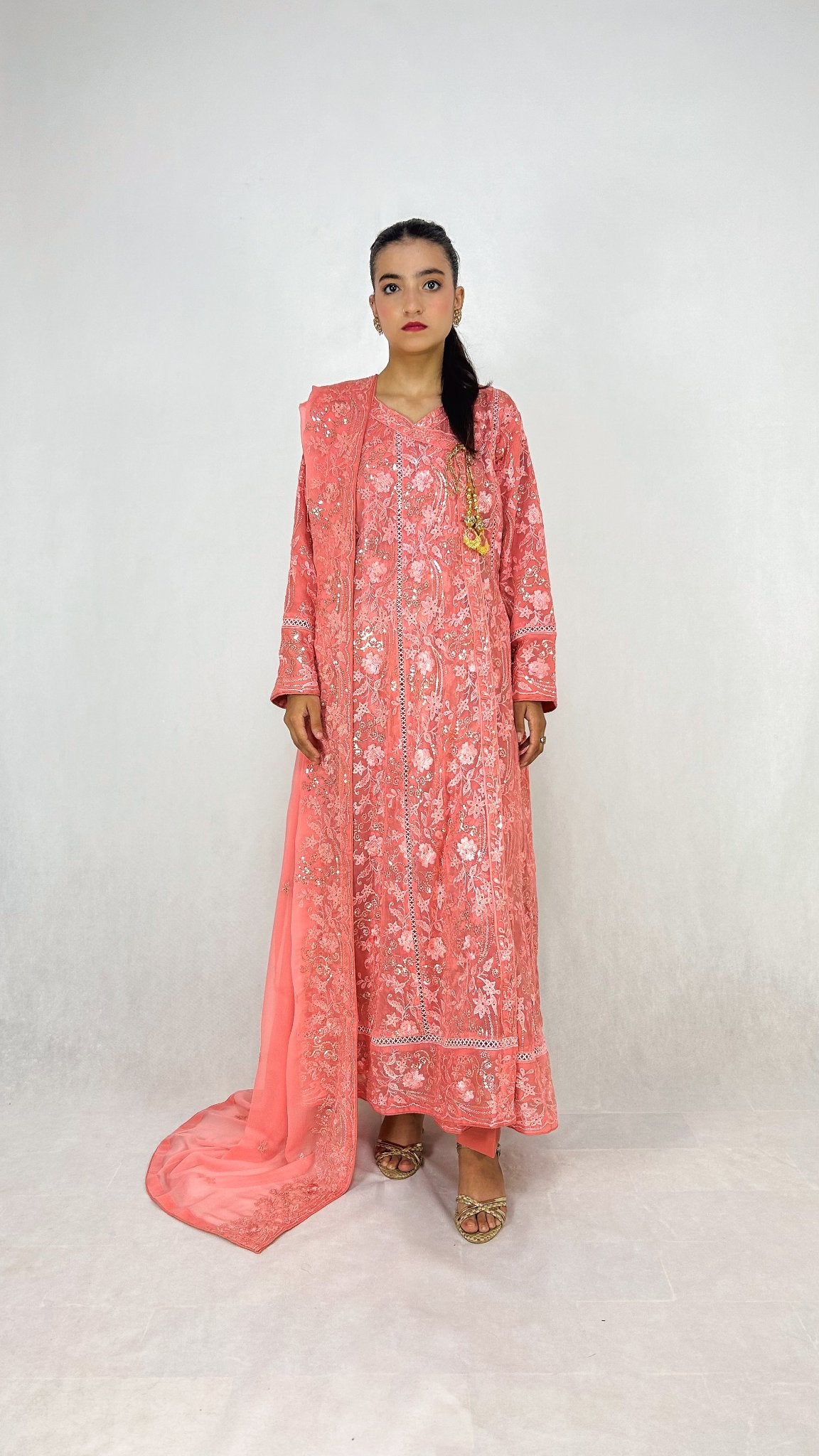 Pink Embroidered Anarkali Gown Dress Chiffon Long Frock Maxi Complete Look