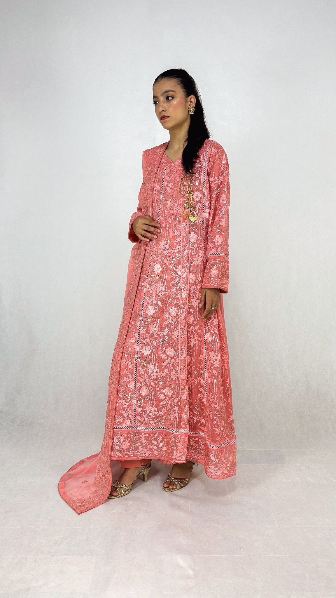 Pink Embroidered Anarkali Gown Dress Chiffon Long Frock Maxi Side Look