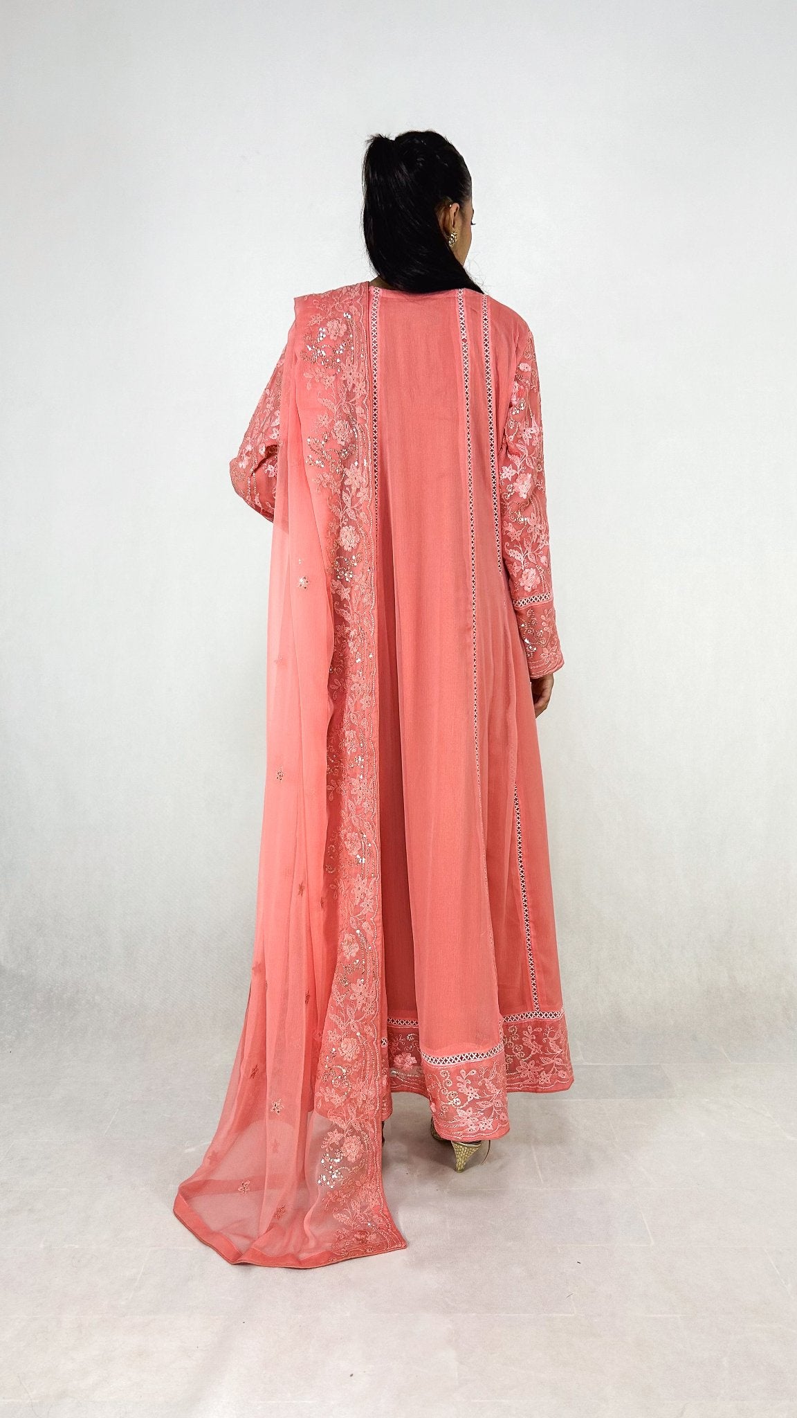 Pink Embroidered Anarkali Gown Dress Chiffon Long Frock Maxi Back Look