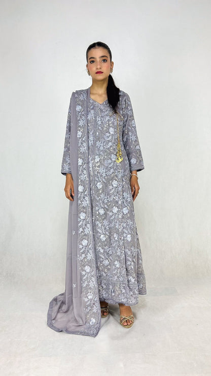 Gray Chiffon Angrakha Maxi Dress Embroidered Long Frock Complete Look