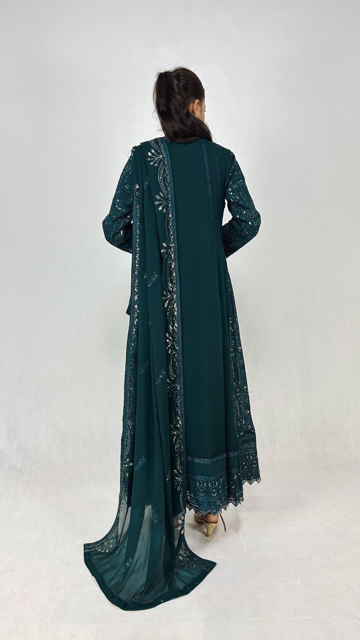 Dark Teal Chikankari Embroidered Chiffon Long Dress Anarkali Maxi Back Look