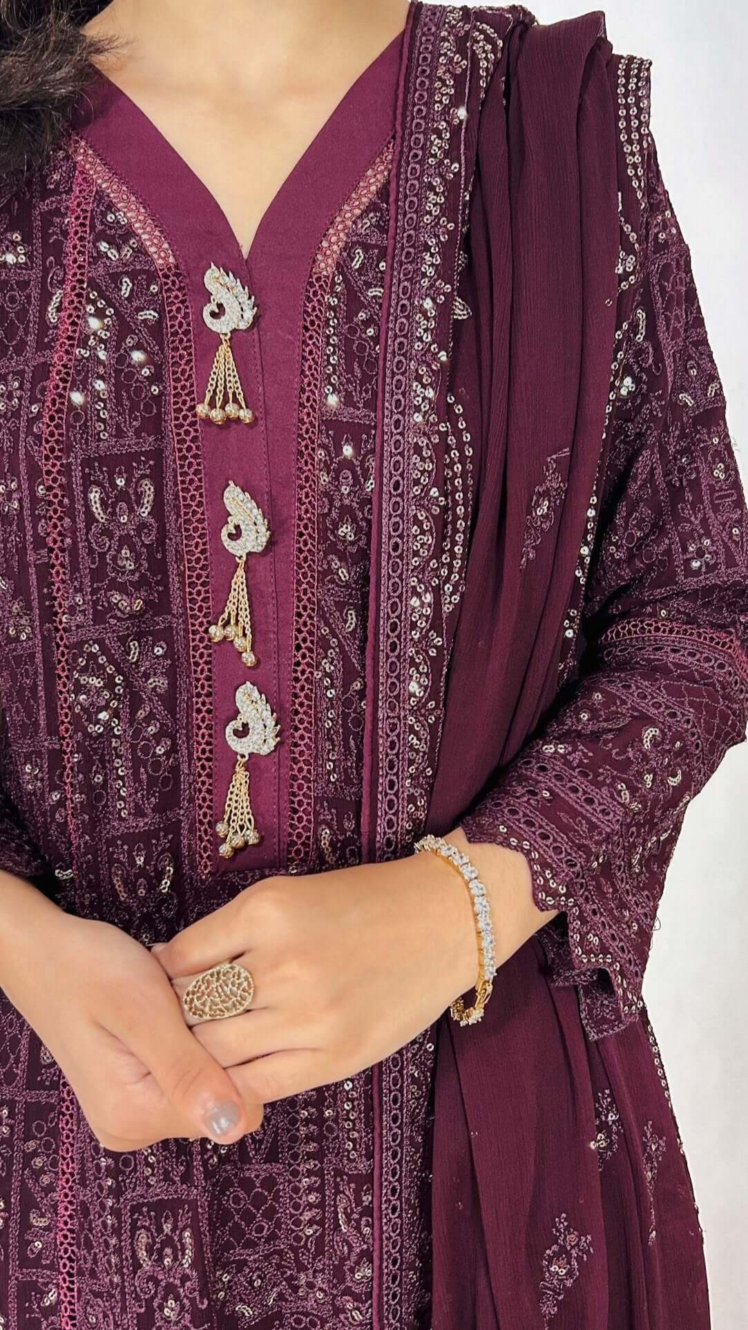 Dark Purple Chikankari Embroidered Chiffon Long Frock Maxi Anarkali Style Detailed Embroidery Look