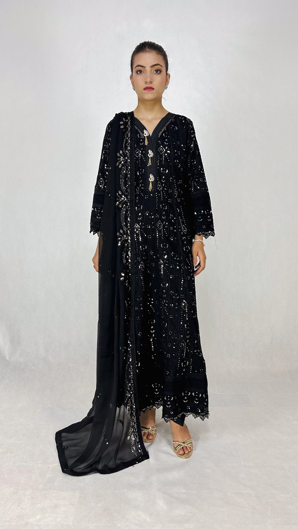 Black Chikankari Embroidered Chiffon Long Dress Anarkali Maxi Complete Look