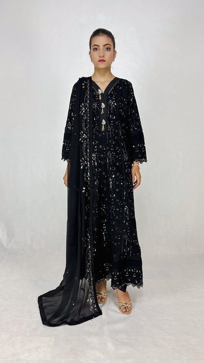 Black Chikankari Embroidered Chiffon Long Dress Anarkali Maxi Complete Look