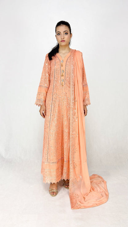 Peach Chikankari Embroidered Chiffon Long Dress Anarkali Maxi Complete Look