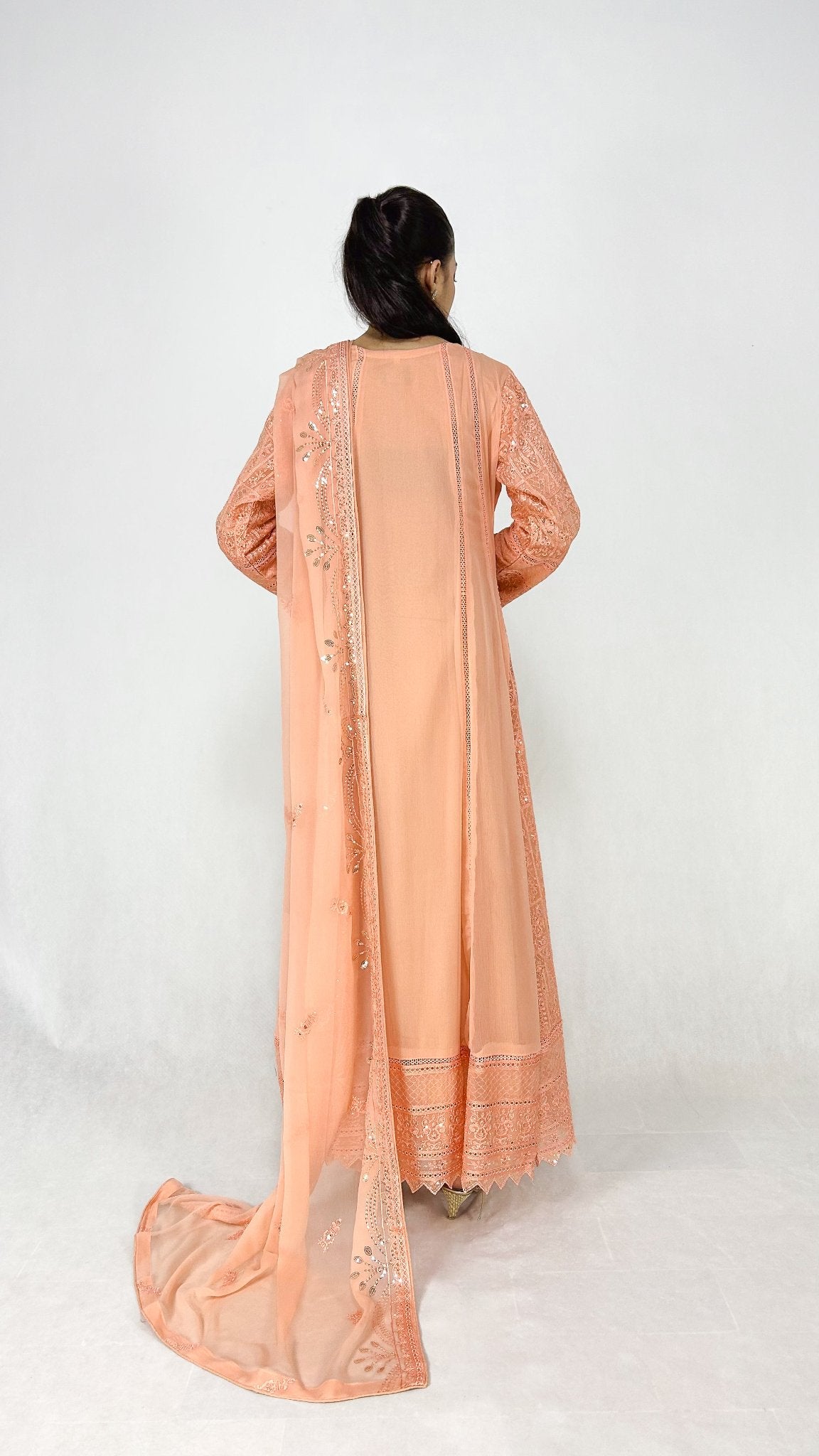 Peach Chikankari Embroidered Chiffon Long Dress Anarkali Maxi Back Look