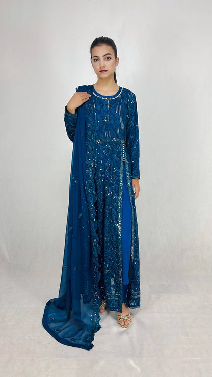 Peacock Blue Chiffon Pakistani Anarkali Gown Embroidered Long Frock Dress Complete Look