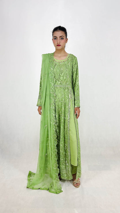 Olive Green Chiffon Indian Anarkali Gown Embroidered Long Frock Dress Complete Look