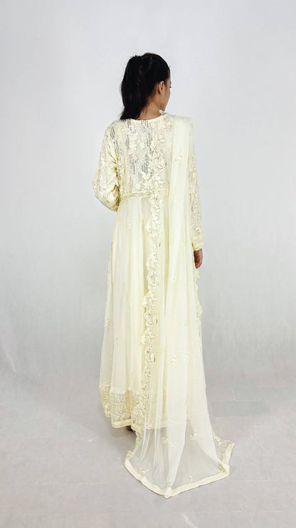 Ivory Chiffon Indian Anarkali Frock Embroidered Maxi Gown for Women Back Look