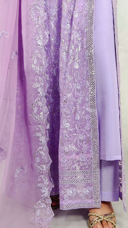 Lilac Indian Anarkali Long Frock Dress Embroidered Chiffon Gown for Women Detailed Border Embroidery Look