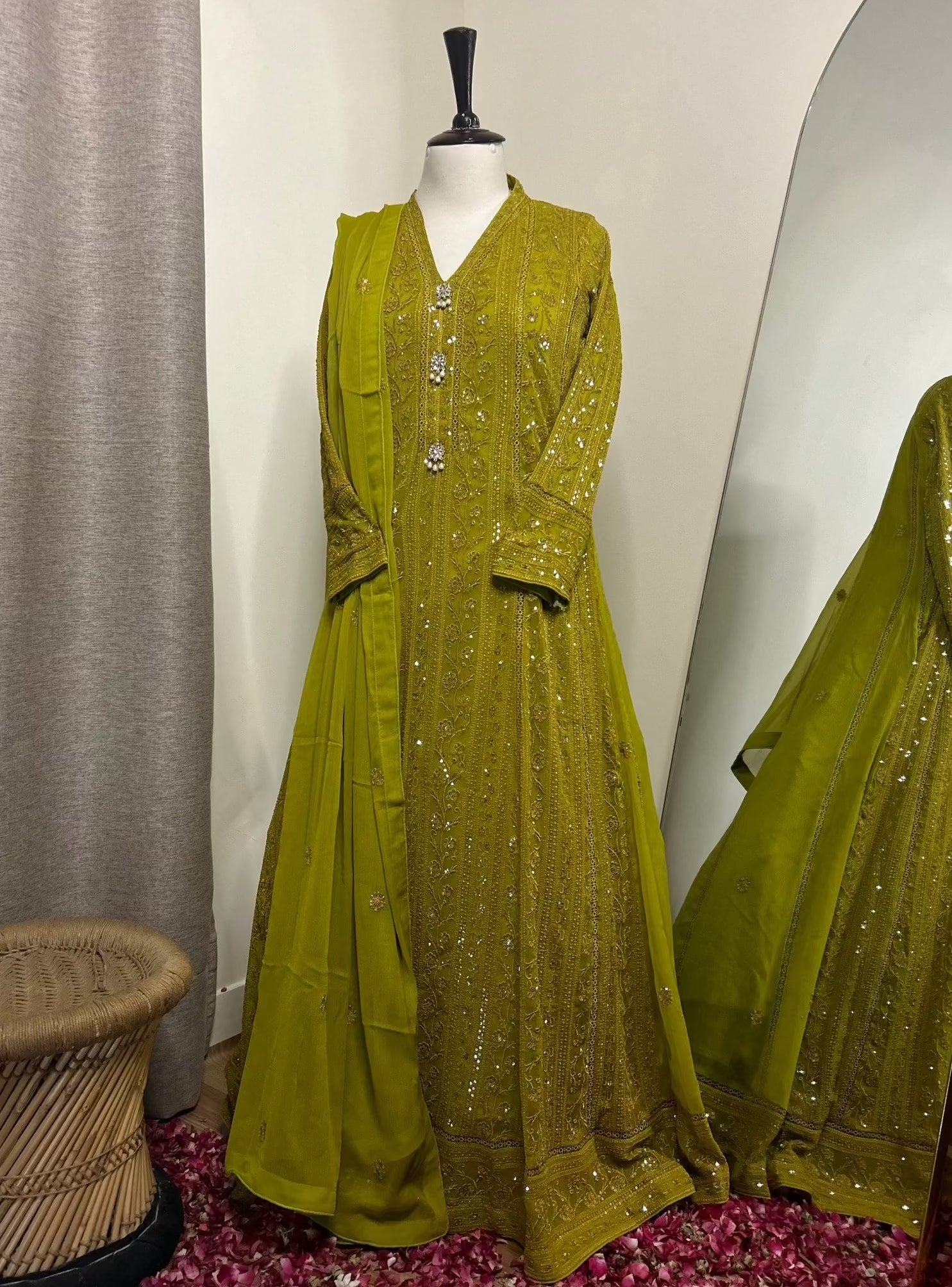 Elegant Pakistani Chiffon Fancy Party Wear Maxi Dress Olive Green Complete Look | Zarveil