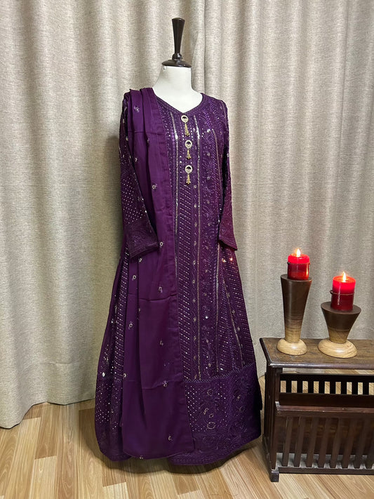 Nigaar Chiffon Embroidered Maxi with Dupatta and Malai Trousers