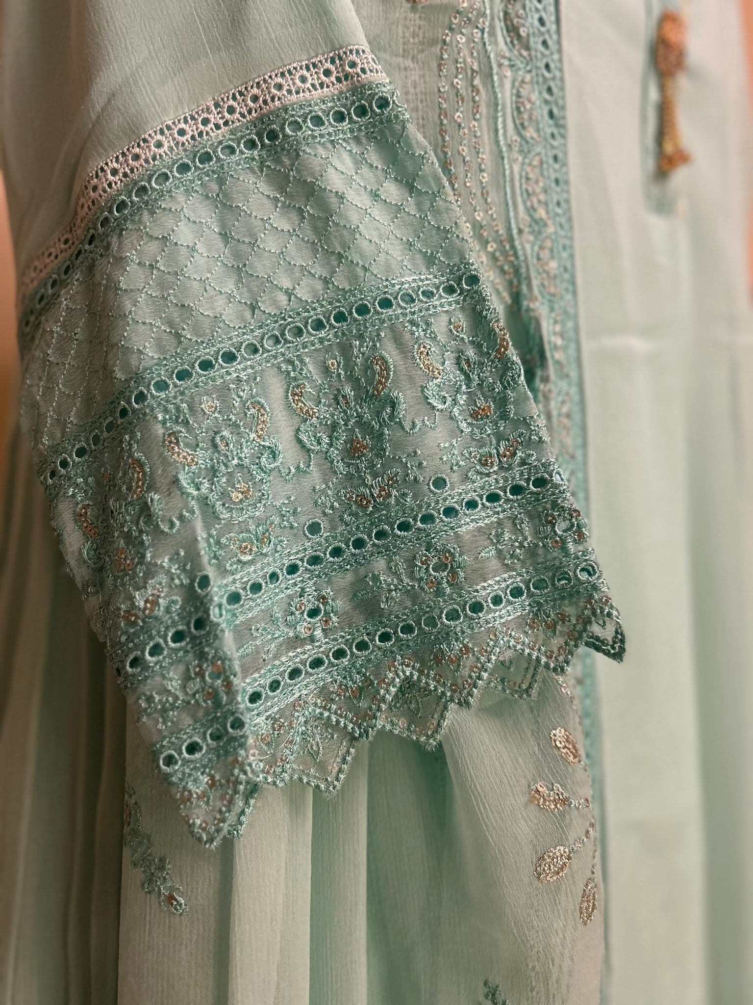 Light Blue Chiffon Maxi Dress Detailed Embroidery | Zarveil