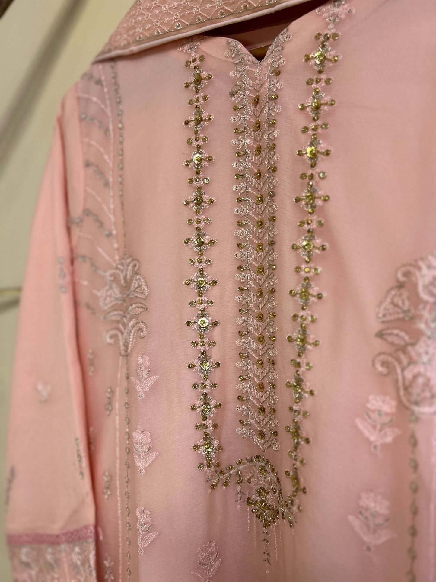 Peach Pakistani Designer Salwar Kameez Detailed Embroidered Neckline | Zarveil