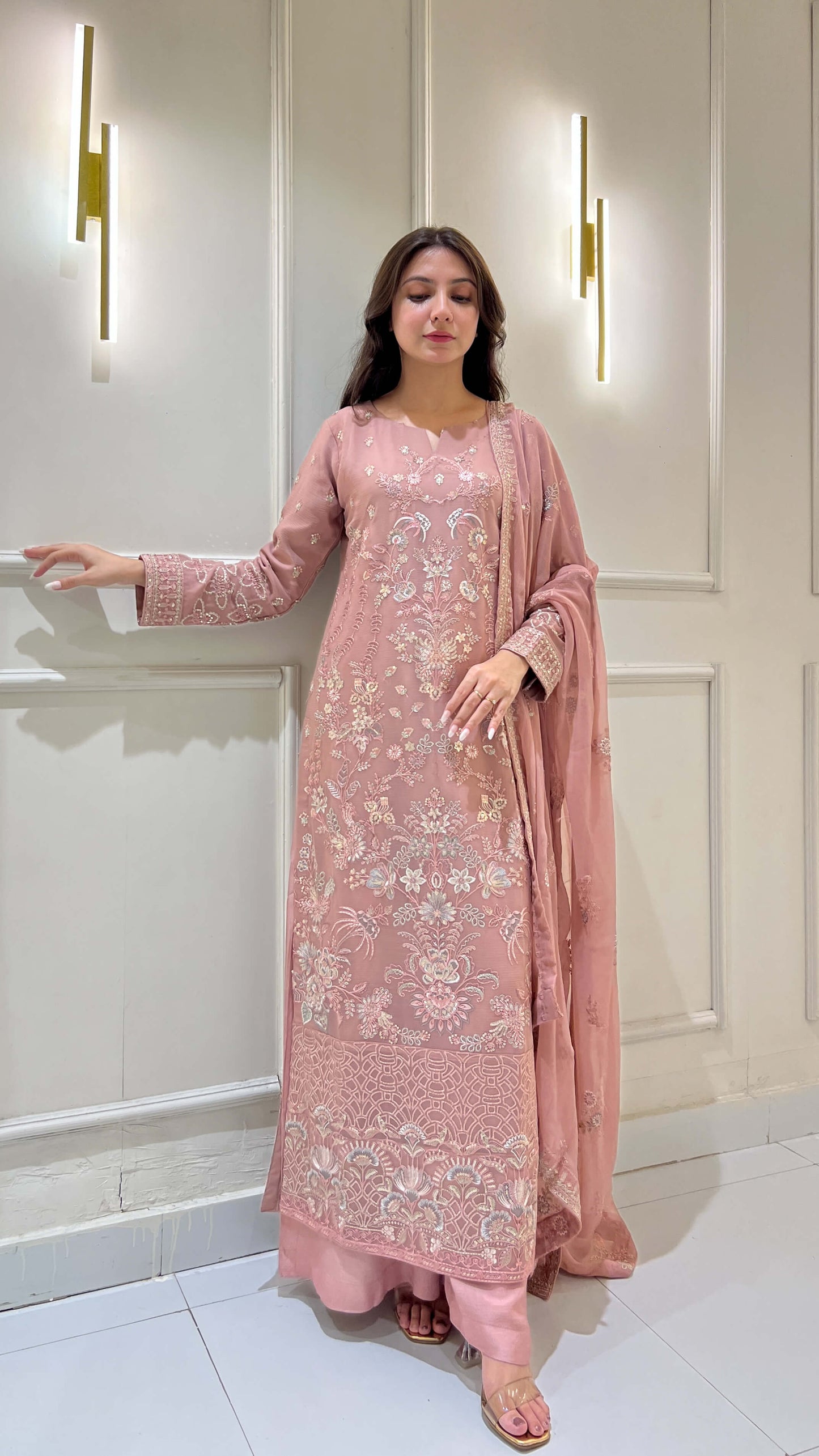 Tea pink embroidered chiffon shalwar kameez with matching dupatta