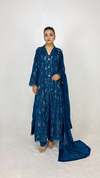 Peacock Blue Indian Embroidered Chiffon Anarkali Gown Frock Complete Look