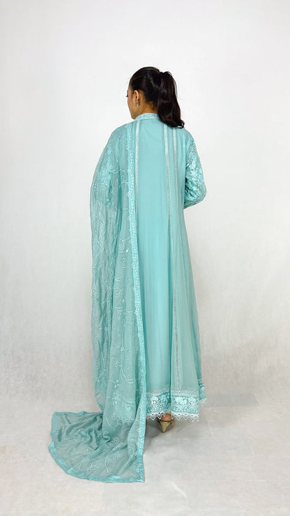 Ice Blue Indian Embroidered Chiffon Anarkali Maxi Frock Back Look