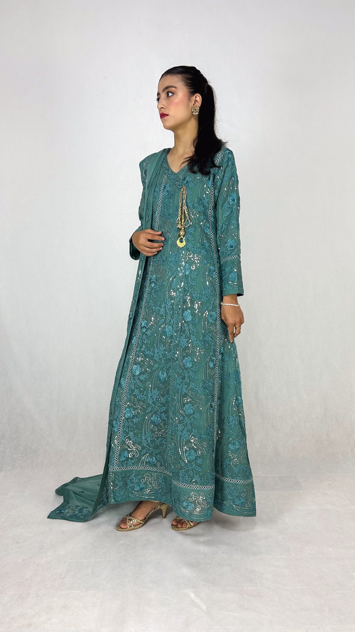 Teal Chiffon Anarkali Gown Maxi Dress Embroidered Long Frock Side Look