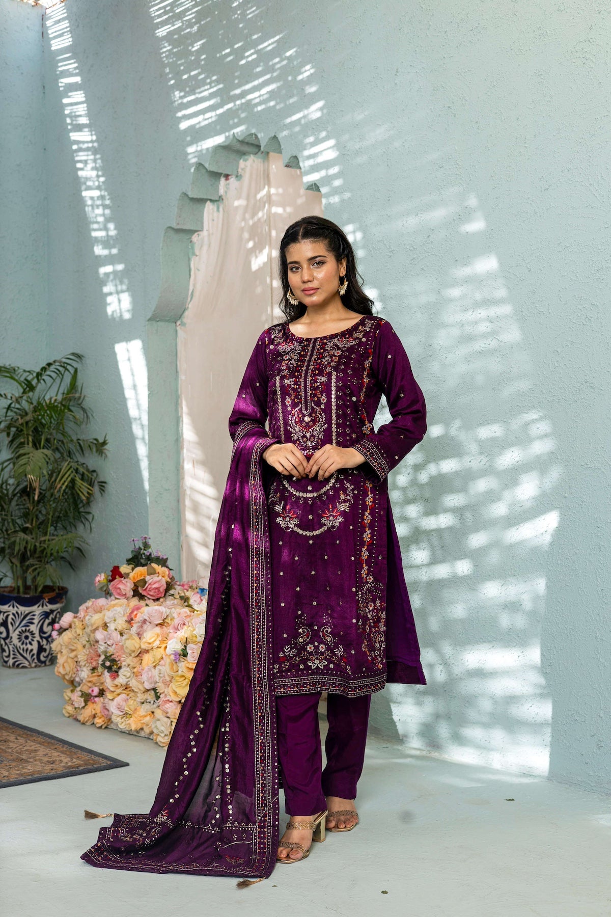 Purple raw silk shalwar kameez front view