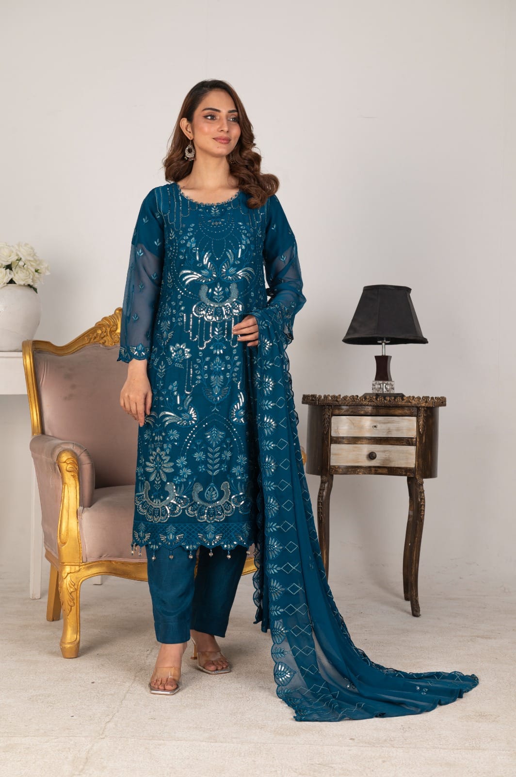 Peacock Blue embroidered chiffon kameez and shalwar – front view
