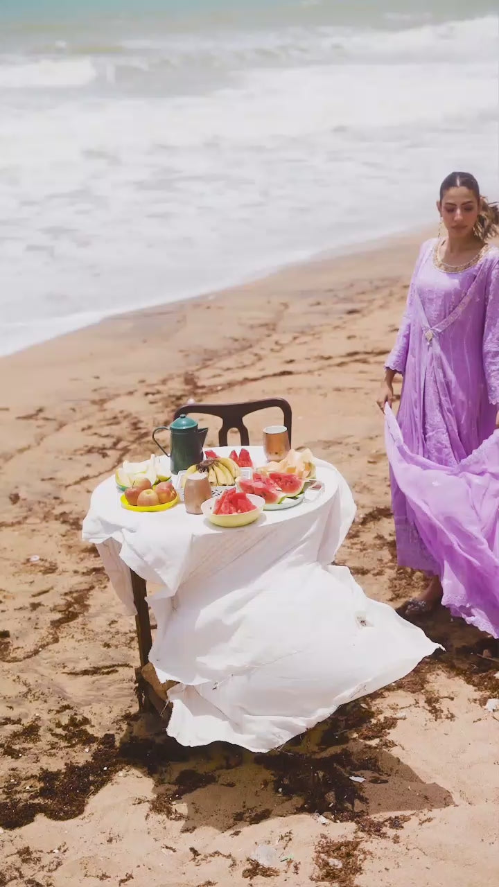 Model showcasing Lilac Embroidered Gown Dress 4-piece set