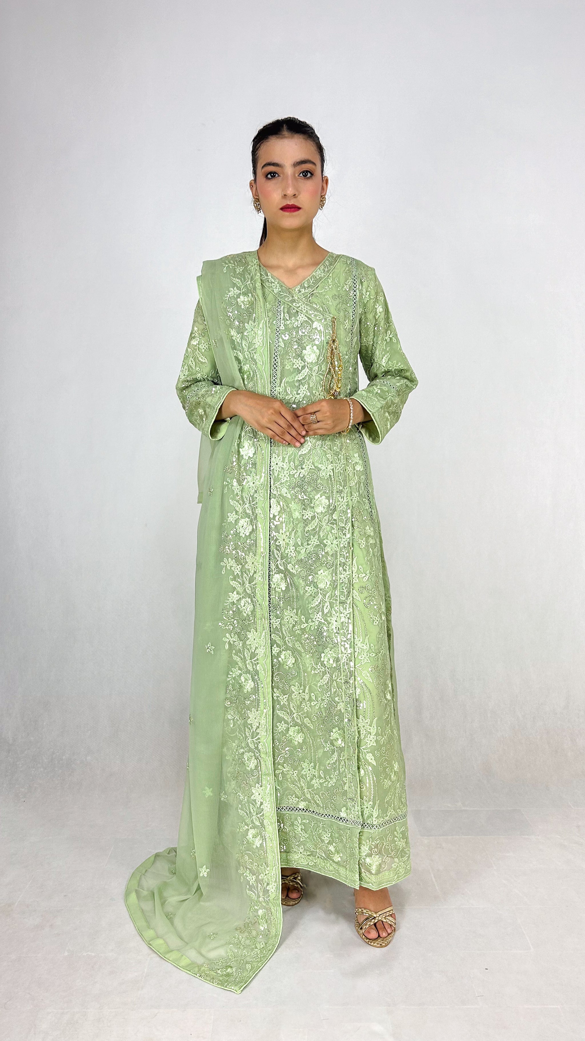 Light Olive Embroidered Anarkali Dress Chiffon Long Frock Maxi Complete Look Video