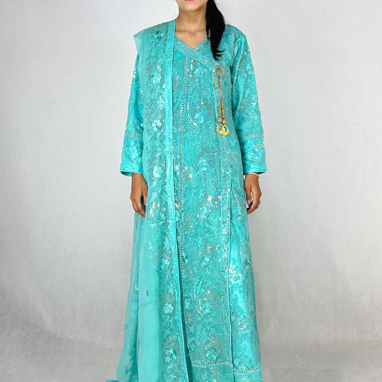 Light Blue Chiffon Pakistani Embroidered Anarkali Long Frock Maxi Complete Look Video