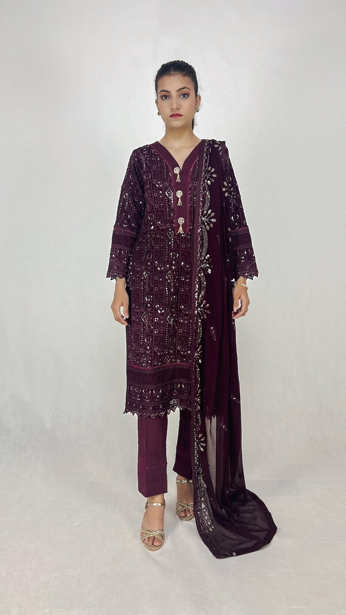 Dark Purple Chiffon Shalwar Kameez Embroidered Formal Dress Complete Look Video