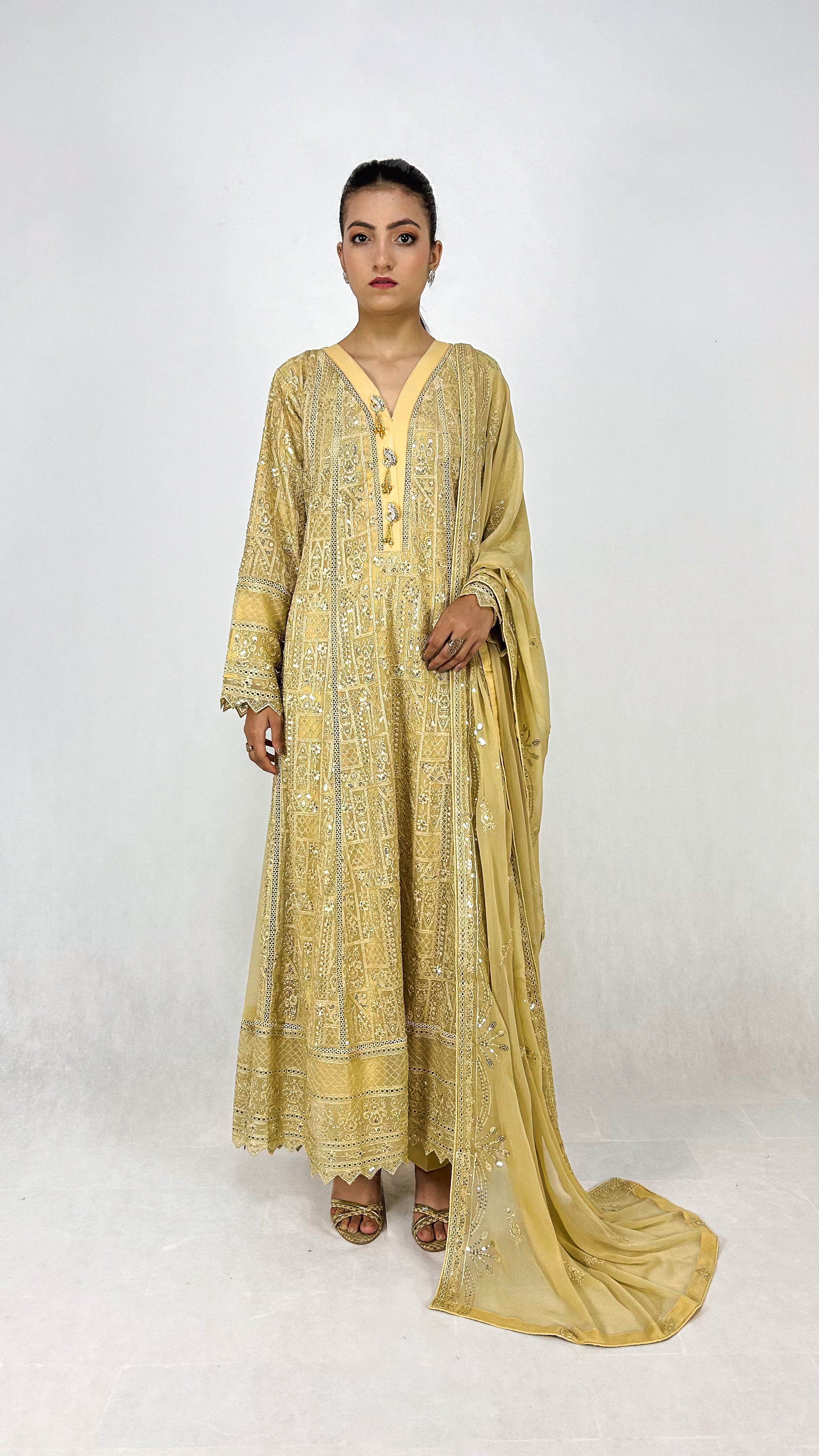 Beige Chikankari Embroidered Chiffon Long Frock Maxi Anarkali Dress Complete Look Video