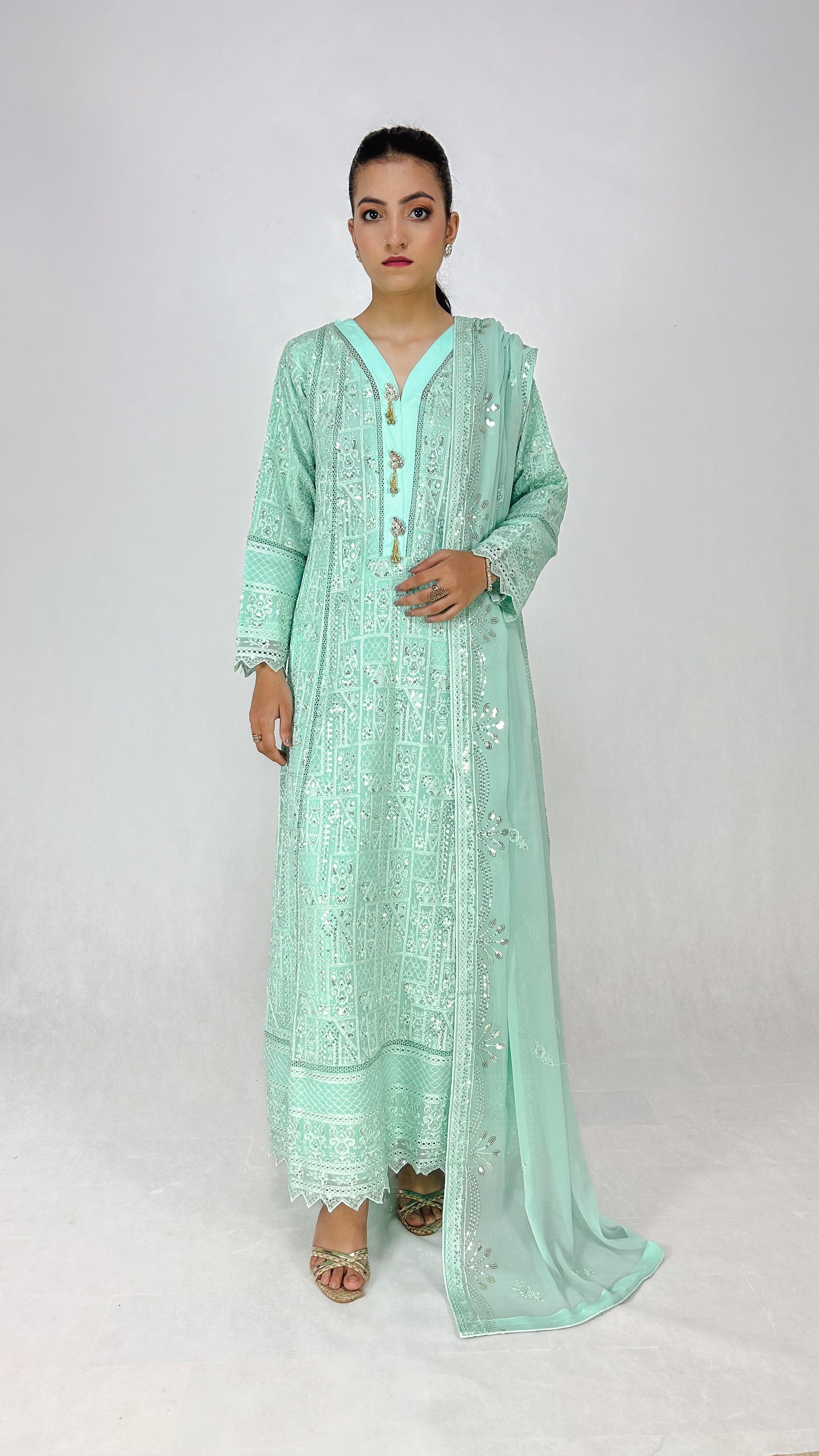 Mint Cream Chikankari Embroidered Chiffon Long Frock Maxi Anarkali Dress Complete Look Video