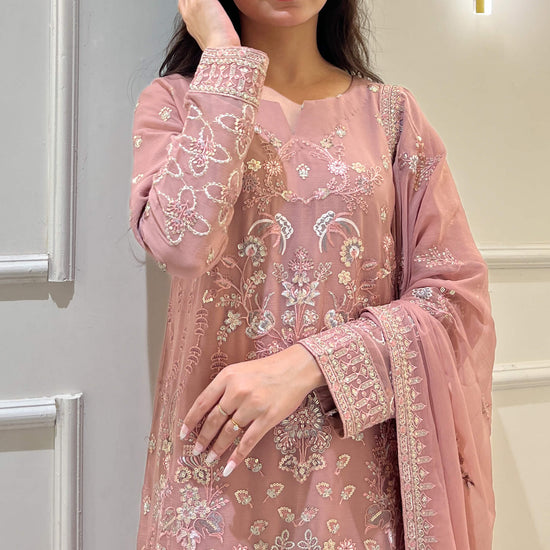 Woman in tea pink embroidered chiffon shalwar kameez with matching dupatta Video