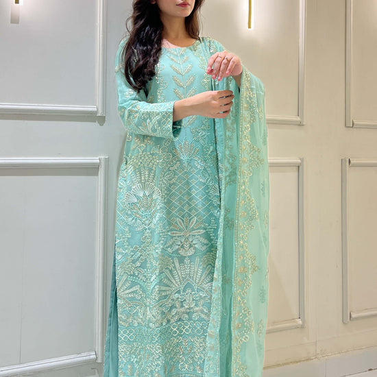 Model wearing light blue chiffon embroidered 3-piece suit Video
