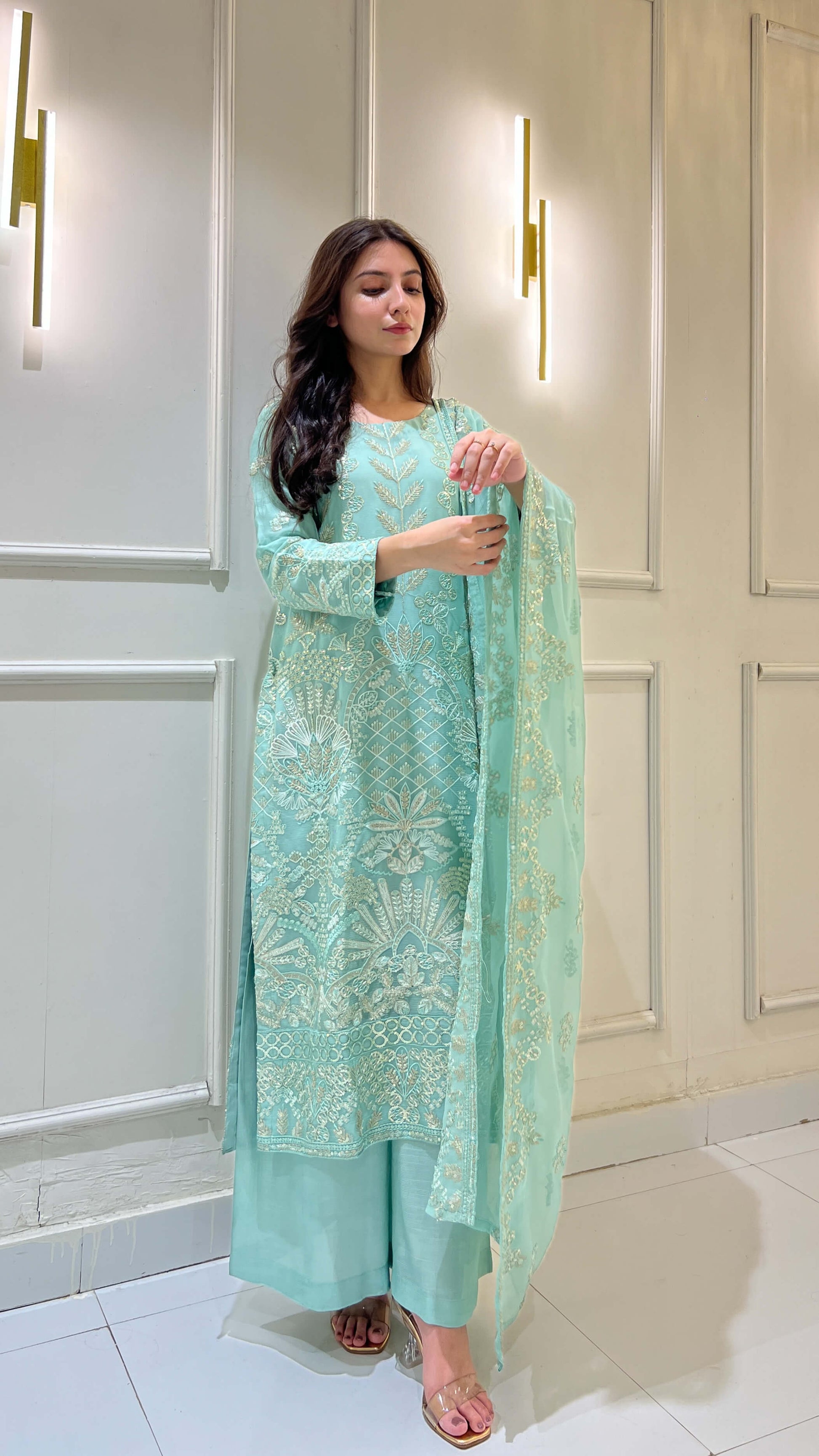 Model wearing light blue chiffon embroidered 3-piece suit Video